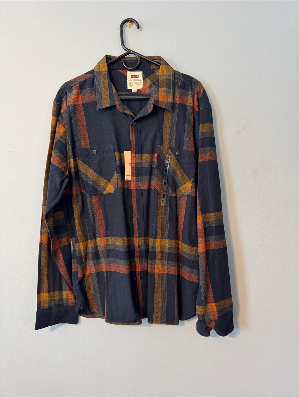 Levi's Men's Black Plaid Button-Down Shirt with Orange and Mustard Stripes